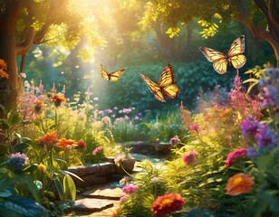 Obraz na płótnie Canvas A tranquil garden bathed in golden sunlight, with blooming flowers, lush greenery, and butterflies fluttering in the breeze. Rendered with warm tones and soft focus, invoking a sense of peace and sere
