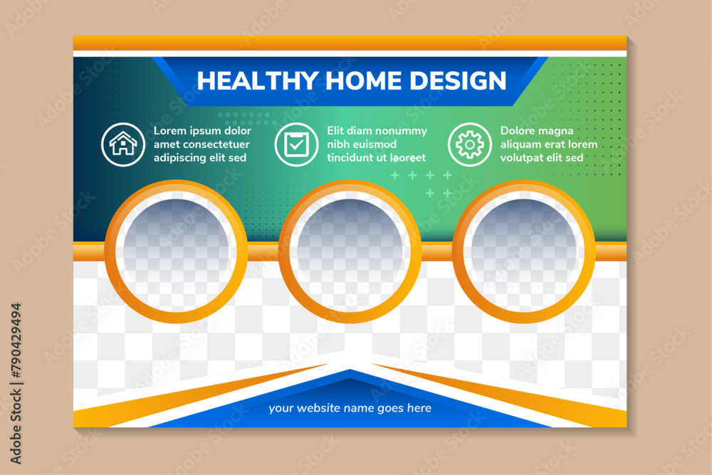Poster healthy home design poster in horizontal layout. feed on rectangle design. blue to green gradient ba