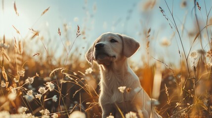 Labrador puppy playing in the field