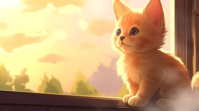 Cute cat looking at the window . Anime or digital painting style, looping 4k video animation background