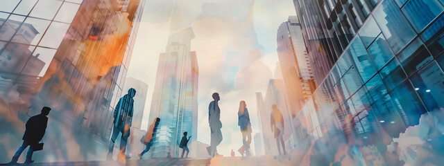 People surrounded by a concrete jungle, dwarfed by the towering skyscrapers above. Watercolor painting style, low angle view.