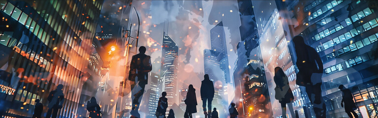 People surrounded by a concrete jungle, dwarfed by the towering skyscrapers above. Watercolor painting style, low angle view. Double exposure. Evening shot.