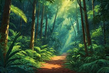 Very dense wild tropical forest interior during the day. In anime style
