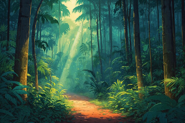 The interior of a very dense wild tropical forest during a misty morning sunrise. In anime style