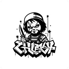 Chucky; doll silhouette, horror character in graffiti tag, hip hop, street art typography illustration.