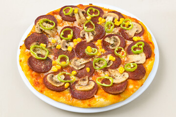 Delicious mixed pizza with rich content. Menu concept of choice and diversity. Pepperoni, Formaggi, Veggie, Karisik pizza