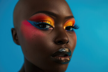 Headshot of a bald black woman with a bold and artistic makeup look on blue studio background