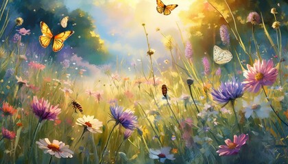 A sun-dappled meadow filled with wildflowers, butterflies, and buzzing bees, bathed in the warm glow of the afternoon sun. Rendered with vivid colors and soft lighting, capturing the essence of summer - obrazy, fototapety, plakaty