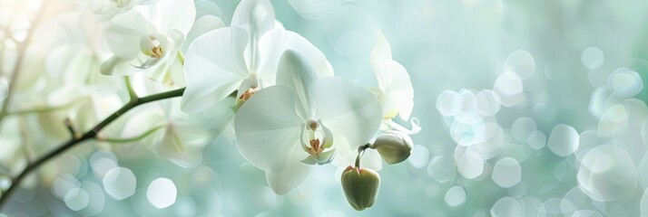 Graceful white orchid prominently displayed against soft, dreamy blurred background - obrazy, fototapety, plakaty