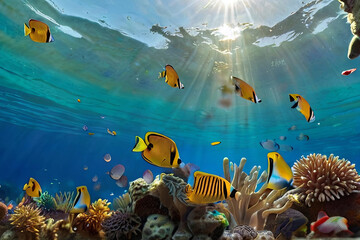 Fototapeta na wymiar Dive into a vibrant underwater world with colorful tropical fish and coral reef scene. Perfect for travel and ocean exploration concepts.