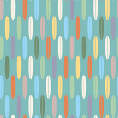 Vintage seamless pattern with surf boards. Abstract geometric wallpaper with surfboard shapes. Groovy vector background in style of retro. Colorful sporty summer design for textile, paper, wrap