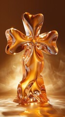 a glass sculpture of a cross, golden brown background  