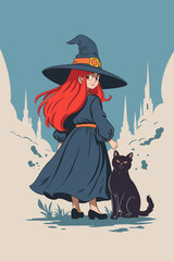 A teenage sorceress in a cloak, hat, with a black cat against the background of white cloud towers.
