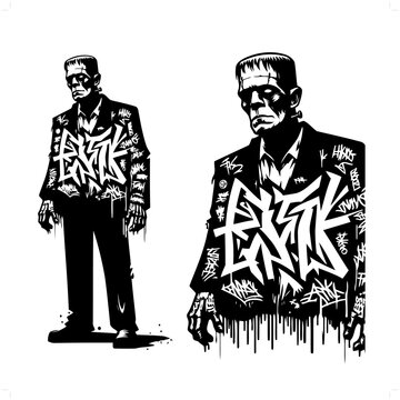 frankenstein silhouette, horror character in graffiti tag, hip hop, street art typography illustration.