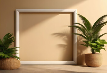 3D rendering of an empty frame on a beige wall background with tropical plants and shadows from the sun. Minimalistic interior design mockup for room template. Isolated composition with empty space.
