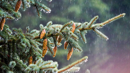 Rain-Kissed Pine Cones Amidst the Spruce