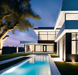 Fototapeta premium Luxurious villa for outdoor living, designed according to algorithms in the form of a street view