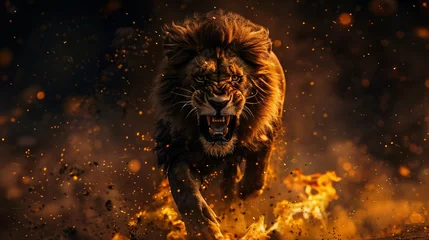  An angry lion with an open mouth. expression of anger. Portrait of a big male lion with open mouth on a dark background. Big male lion in fire on black background. Wildlife scene with big cat.  © vachom