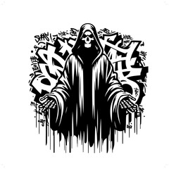grim reaper silhouette, horror character in graffiti tag, hip hop, street art typography illustration.