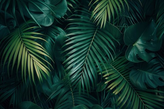 closeup nature view of green leaf and palms background. Flat lay, dark nature concept, tropical leaf - generative ai