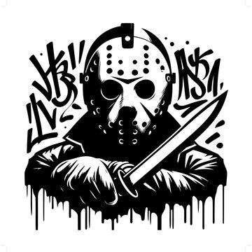 recommend clip art: hockey mask; jason silhouette, horror character in graffiti tag, hip hop, street art typography illustration.