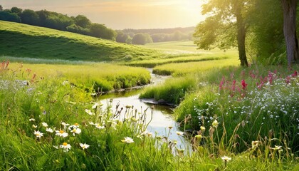 A serene summer meadow bathed in golden sunlight, wildflowers swaying gently in the breeze, a small stream winding through the grass, birds chirping in the distance, evoking a sense of peace and tranq - obrazy, fototapety, plakaty