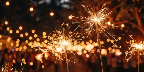 Enchanting display of multiple sparklers at festive celebration, vivid orange tones against twilight backdrop, resonating joy and community spirit.