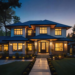 Exterior photography of a high end home, modern and minimalist design home in the evening hours,