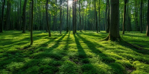 Fototapeta na wymiar Gorgeous forest sunrise casting long shadows on vibrant green moss, evoking feelings of renewal and Earth Day themes.