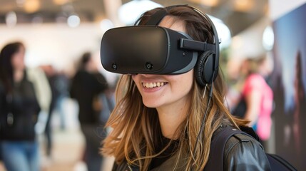 Engaging young woman wearing virtual reality headset at technology expo, smiling and exploring digital worlds, modern tech theme.