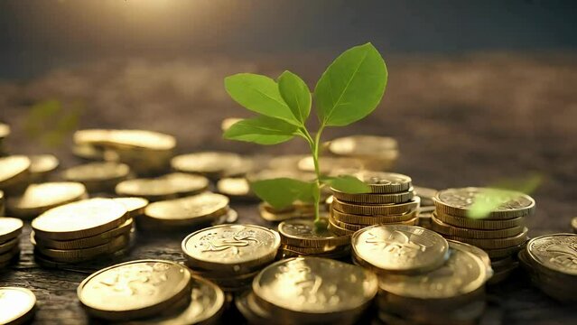 A plant growing out of a pile of coins. Generative ai, Money coin stack growing graph investment. Business Finance Save Money, green sapling growing out of a pile of golden coins.	