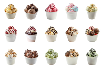 Variety of ice cream flavors in paper cup, with toppings like chocolate, sprinkles, and syrup adding texture and indulgence.