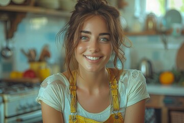 A happy woman in a yellow apron smiles in a kitchen