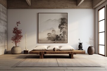 Zen-like minimalistic room with weathered floors and earthy tones. Dreamy earth tones, rustic accents. Ample wall space for artists to showcase their art.