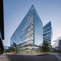 Obraz premium creative modern glass office building of a large corporation in the city, environmental building design with proportional straight lines going out