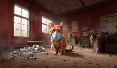 cat with allergies in a medical mask in the spring, allergic reaction to flowers and dust in animals
