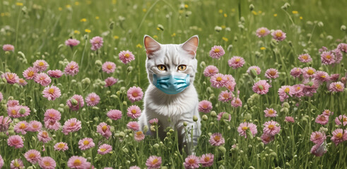 cat with allergies in a medical mask in the spring, allergic reaction to flowers and dust in animals