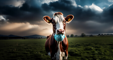 animal with allergies, cow in a meadow with flowers wearing a medical mask