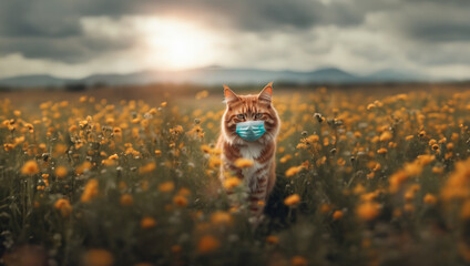 cat with allergies in a medical mask in the spring, allergic reaction to flowers and dust in animals