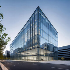 creative modern glass office building of a large corporation in the city, environmental building design with proportional straight lines going out