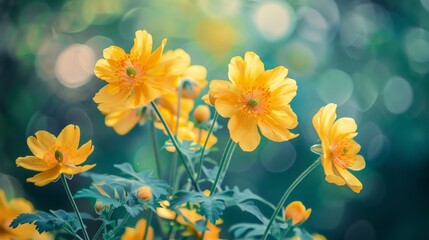 Fototapeta na wymiar Yellow flowers garden bokeh green