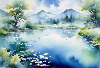 Fototapeta na wymiar watercolor illustration, pond with koi fish, work on emerald porcelain, painting for printing and decoration of office, home,
