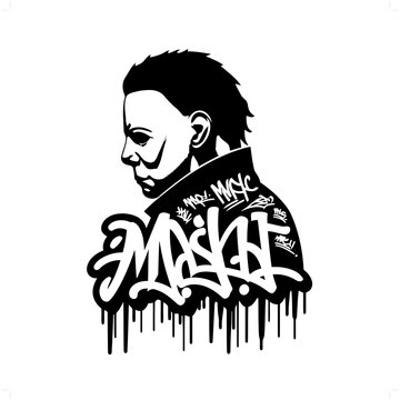 halloween slasher silhouette, horror character in graffiti tag, hip hop, street art typography illustration.