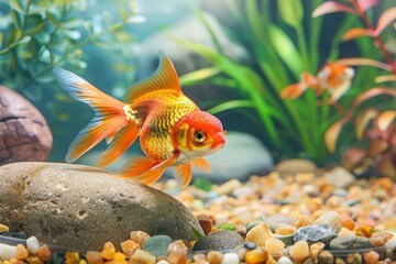 Serene goldfish among lush aquarium greenery and rocks