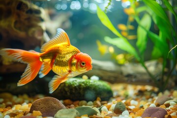 Goldfish gracefully navigating through verdant aquarium