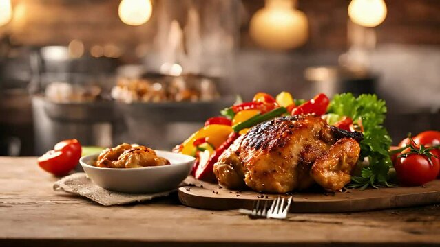 roasted chicken served with a mouthwatering gravy, Closeup of a pan filled with sizzling organic chicken, chicken broast, made with Ai generative technology, stock video, food stock videos, 4k video