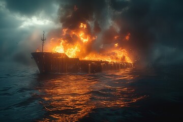 A battle ship caught in an intense fire under stormy skies, with flames and smoke dominating the scene