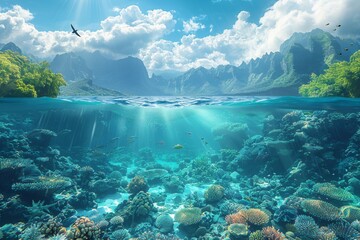 Fototapeta premium An underwater paradise revealed, showcasing a bustling coral reef teeming with marine life beneath the ocean's sparkling surface