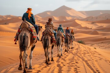 A scenic view of a camel caravan journeying across the sandy dunes of a desert as the sun sets behind