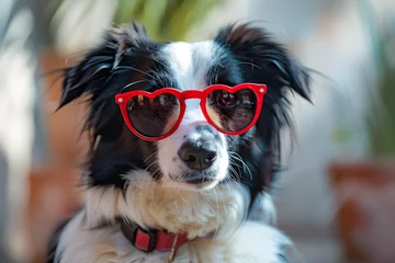 Fotobehang Funny portrait of a cute border collie puppy wearing heart-shaped sunglasses, perfect for St. Valentine's Day concept and celebration © ELmahdi-AI